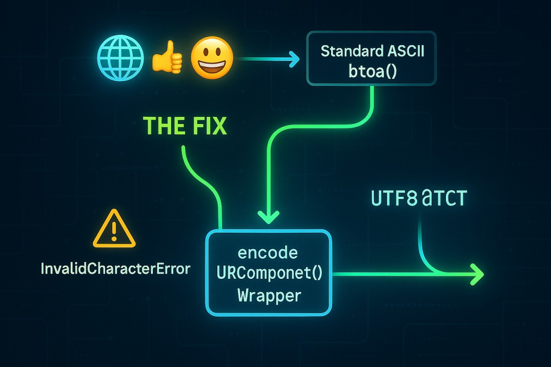 A conceptual illustration of a data filter: A globe icon and various emoji symbols pass through a special 'Unicode Filter' (labeled encodeURIComponent()) to be normalized, preventing an 'InvalidCharacterError' when entering the standard Base64 conversion pipeline