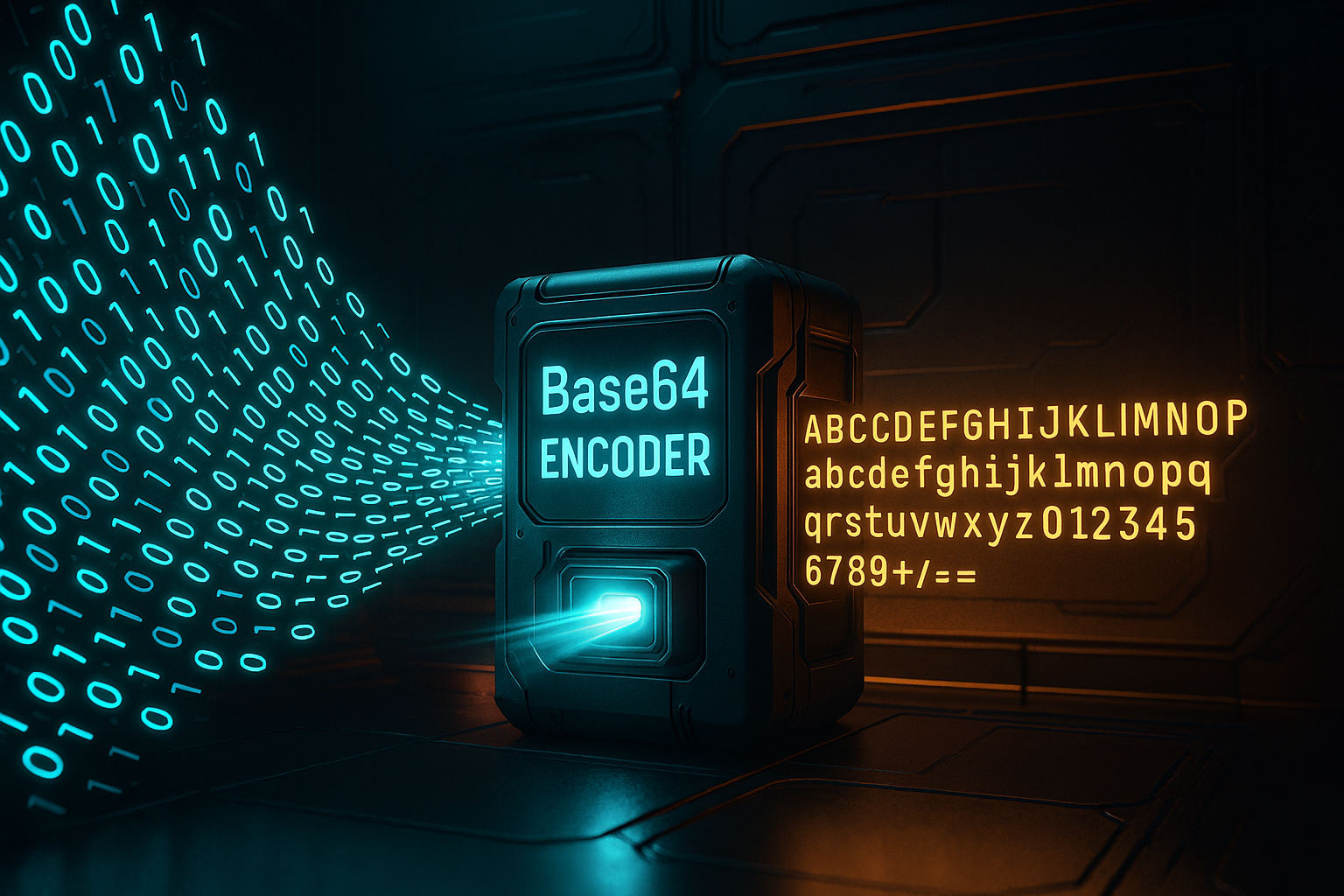 A stylized illustration of a binary data stream transforming into a text-based Base64 string within a sleek, illuminated channel